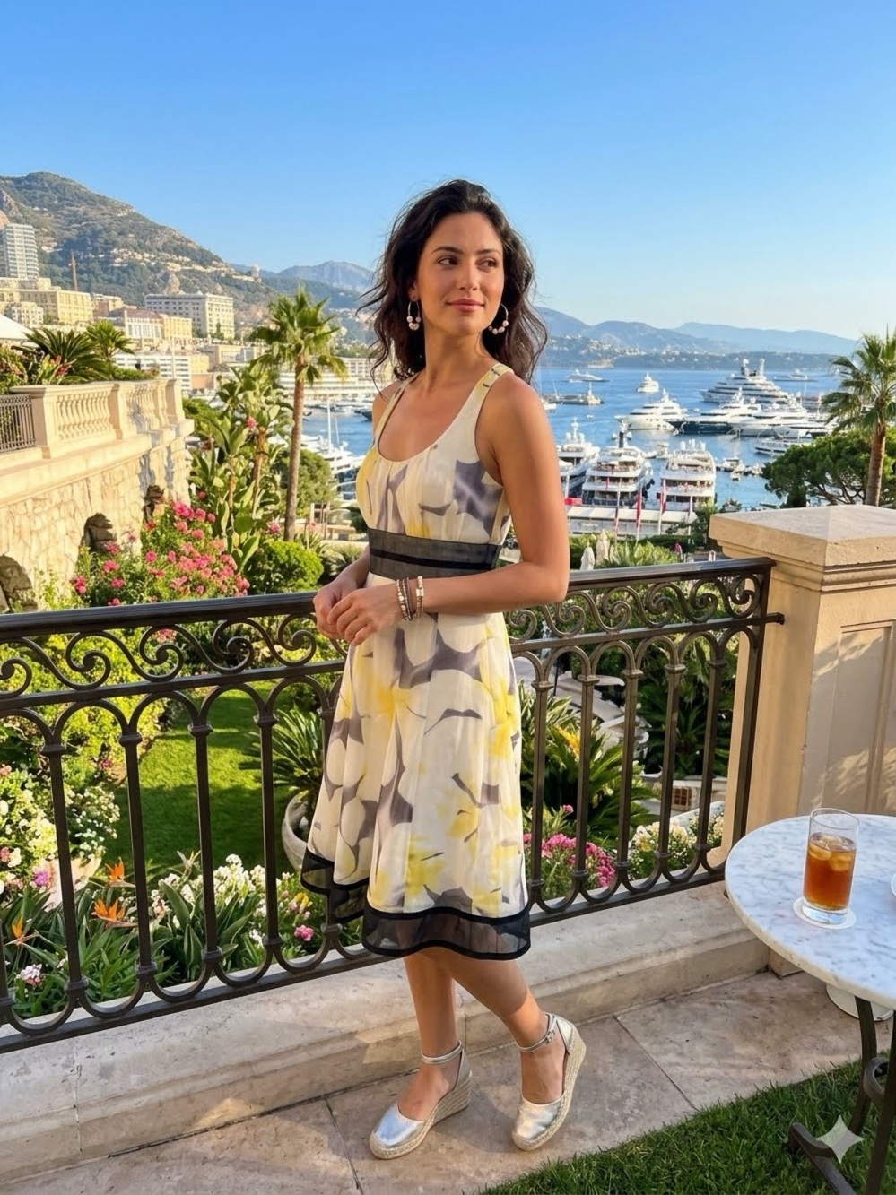 Carmen Marc Valvo yellow white floral print fit flare Silk dress